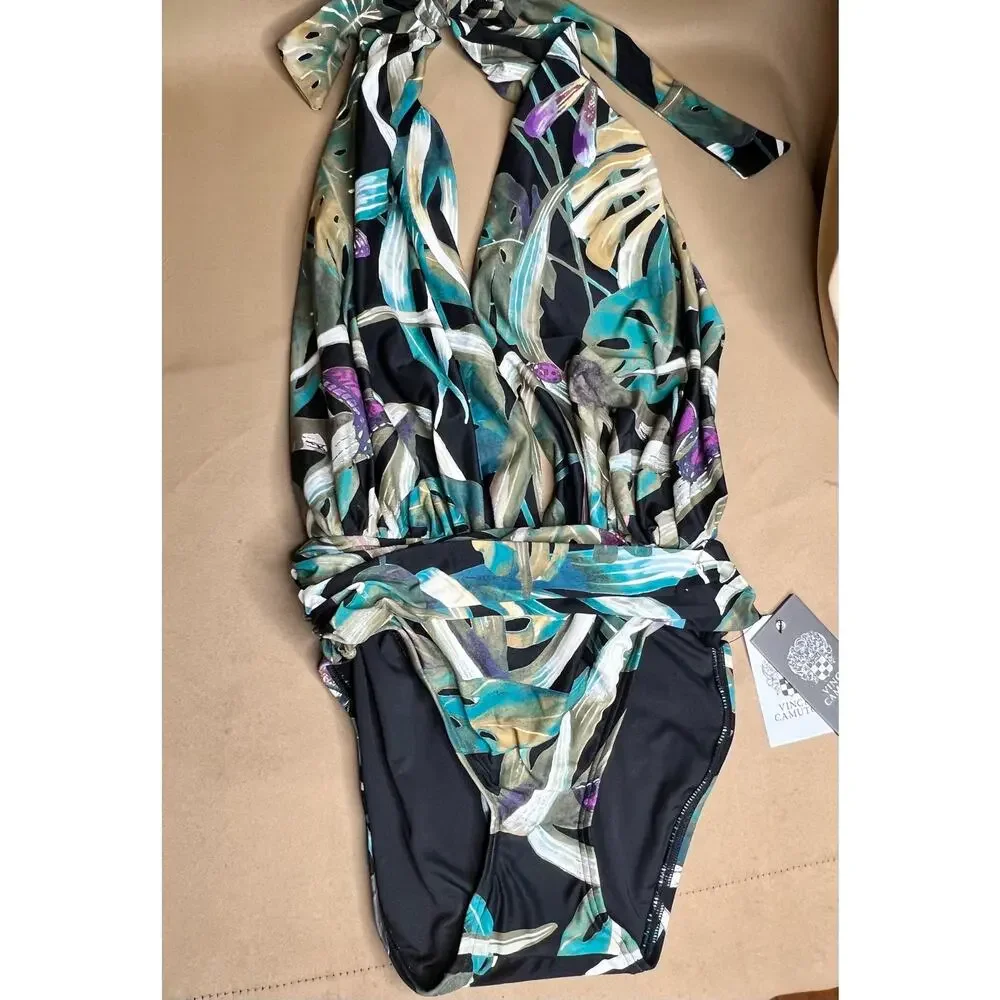 Vince Camuto Rainforest Halter Plunge One Piece Swim Suit 4 NWT